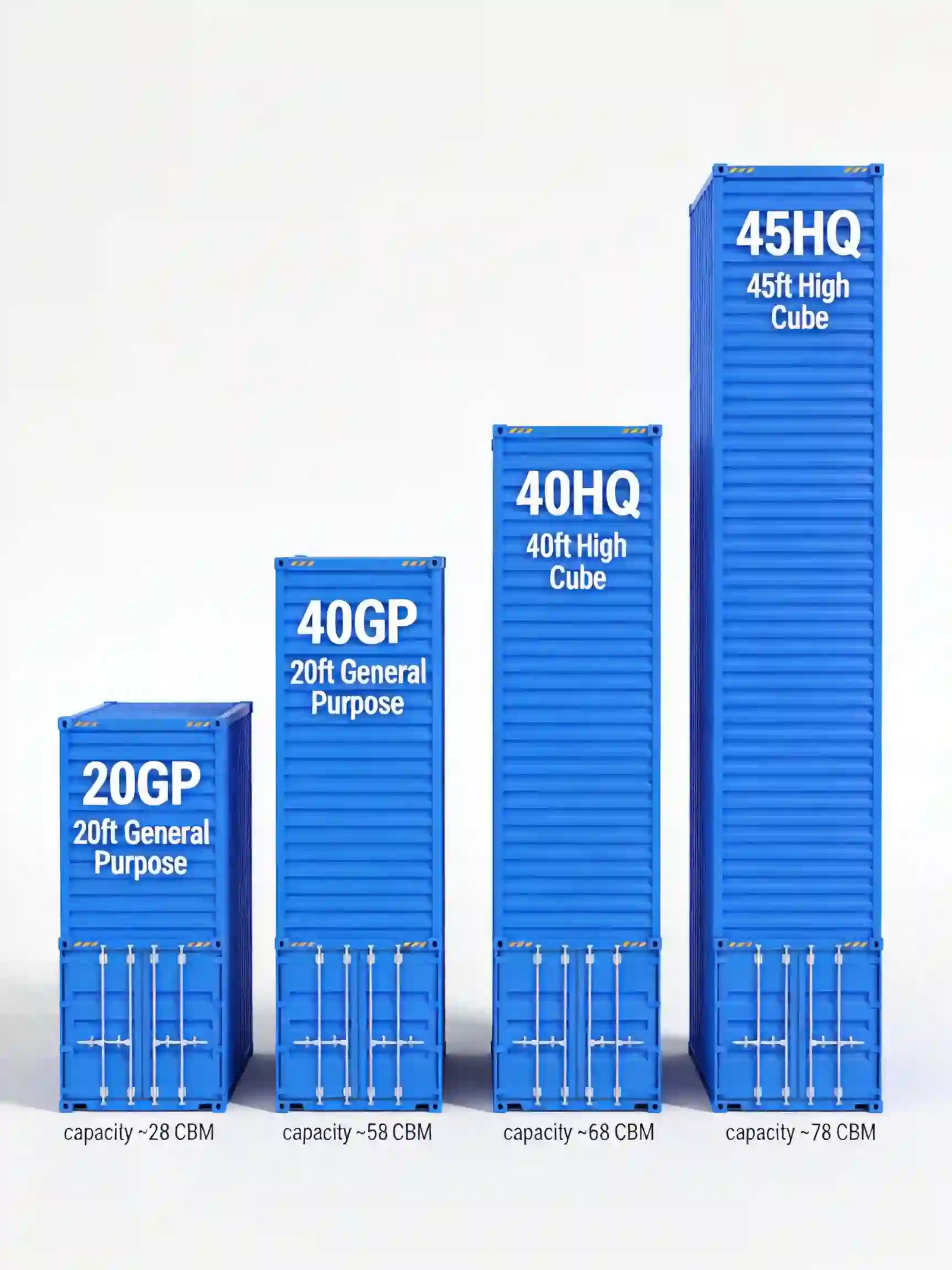 Container size comparison: 20GP, 40GP, 40HQ, 45HQ shipping containers with capacity in CBM