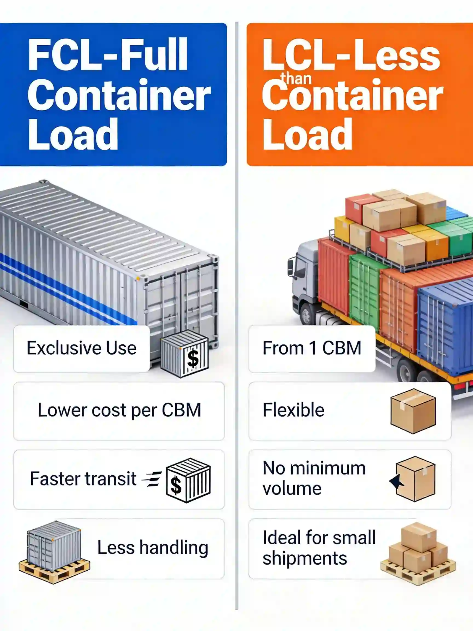 FCL vs LCL shipping comparison - FCL exclusive container vs LCL shared container benefits