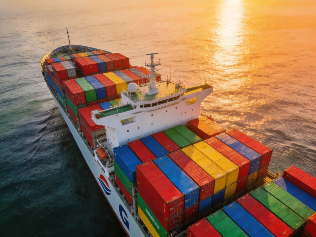 Container vessel sailing at sunset representing international shipping and Southeast Asia logistics services