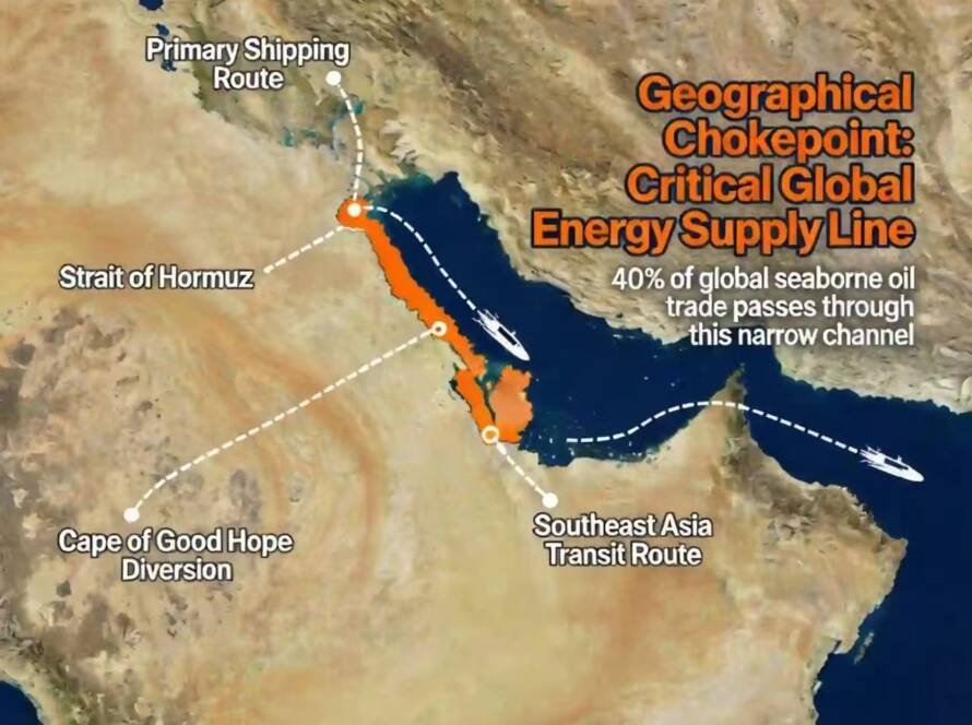 Strait of Hormuz strategic location map showing the critical shipping chokepoint between Persian Gulf and Gulf of Oman