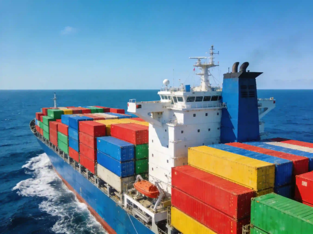 Container cargo ship carrying goods from China to Vietnam