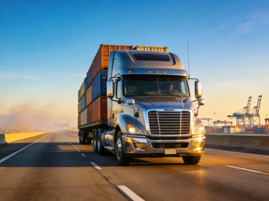 Freightliner trucks delivering cargo at port for international freight logistics