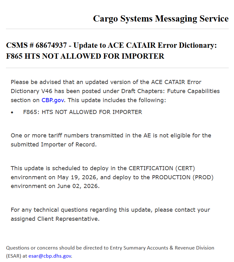 CBP CSMS #68674937 announcement - F865 error code