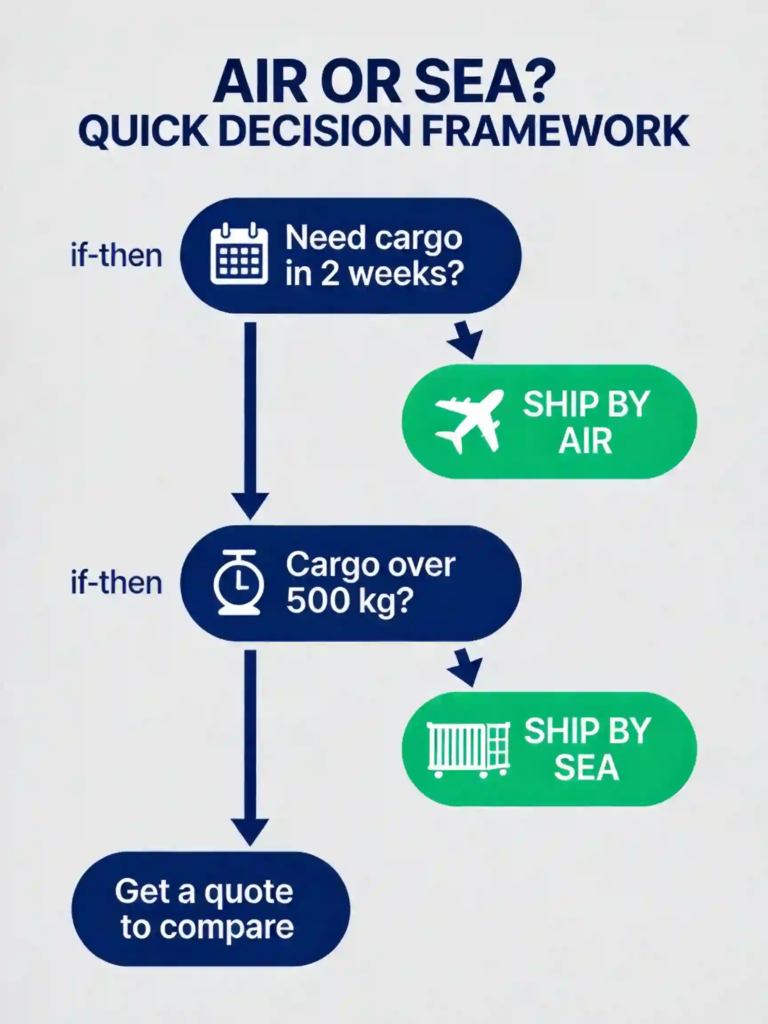 Air vs sea freight decision framework: urgent or under 20kg ship by air, cost-sensitive or over 20kg ship by sea