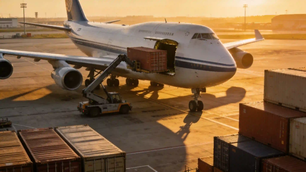 Boeing 747F cargo freighter loading shipping containers at a Chinese airport, representing air freight services from China to USA